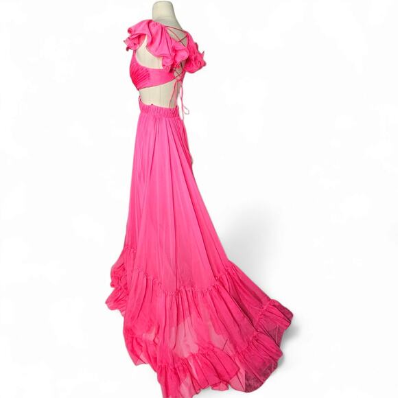 Mac Duggal 70254 Ruched Ruffled Shoulder Cut Out Lace Up Gown in Hot Pink Size 8 - Picture 5 of 14